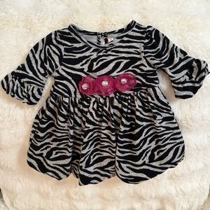 Girls Zebra Print Long Sleeve Dress with Pink Flower Accents